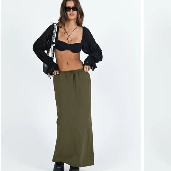 Princess Polly Geneve Maxi Skirt Olive Green 4 NWT - Picture 1 of 4